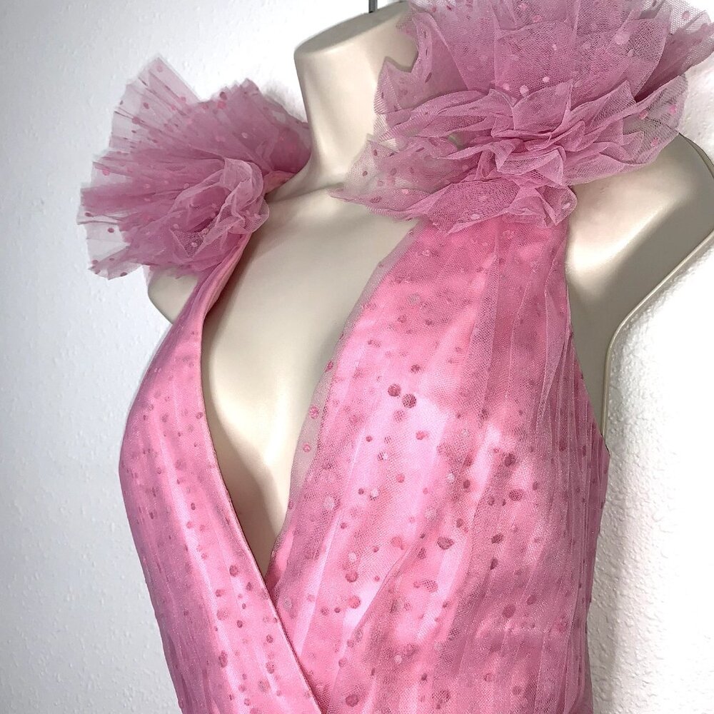 Monique Lhuillier Pink Tiered Tulle Backless V-Neck Mini Dress - Picture 2 of 8
